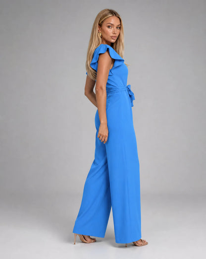 Blue ruffle sleeve jumpsuit for women by Ilynora, back view highlighting the tailored silhouette and soft drape