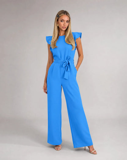 Blue ruffle sleeve jumpsuit for women by Ilynora, front view with belted waist and flowing wide leg design