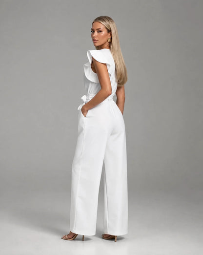 White ruffle sleeve jumpsuit for women by Ilynora, back view highlighting the tailored fit and elegant design