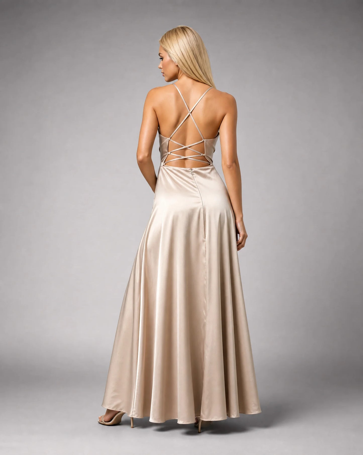 Beige satin cowl neck maxi dress for women by Ilynora, back view showcasing the elegant drape and open back