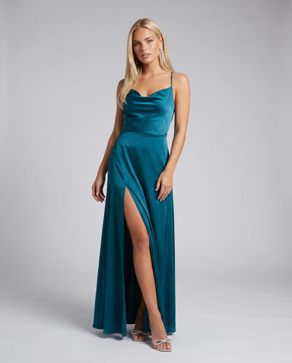 Blue satin cowl neck maxi dress for women by Ilynora, front view with flowing silhouette and side slit