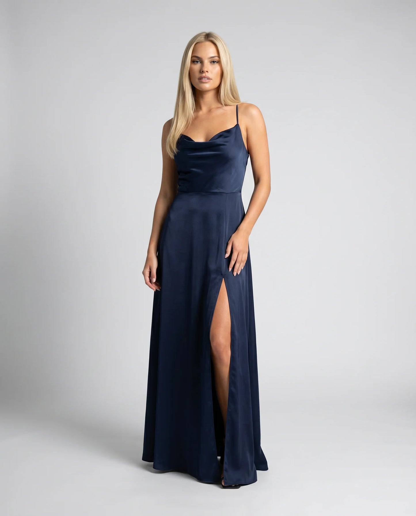 Navy satin cowl neck maxi dress for women by Ilynora, front view with flowing silhouette and elegant drape
