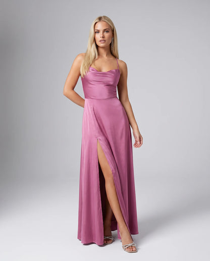 Pink satin cowl neck maxi dress for women by Ilynora, front view with elegant draping and soft sheen