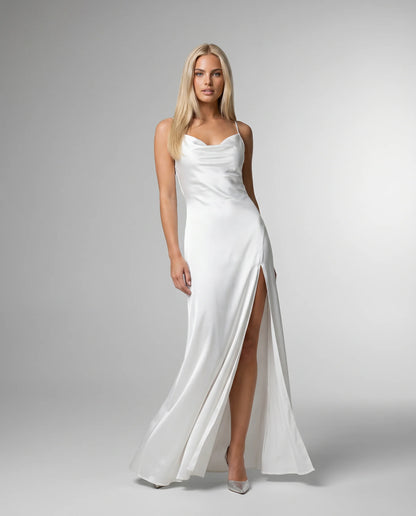 White satin cowl neck maxi dress for women by Ilynora, front view with graceful draping and side slit