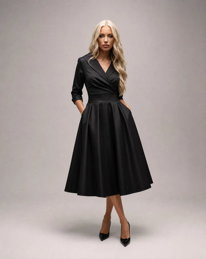 Black satin lapel midi dress for women by Ilynora, front view with elegant silhouette and structured waist