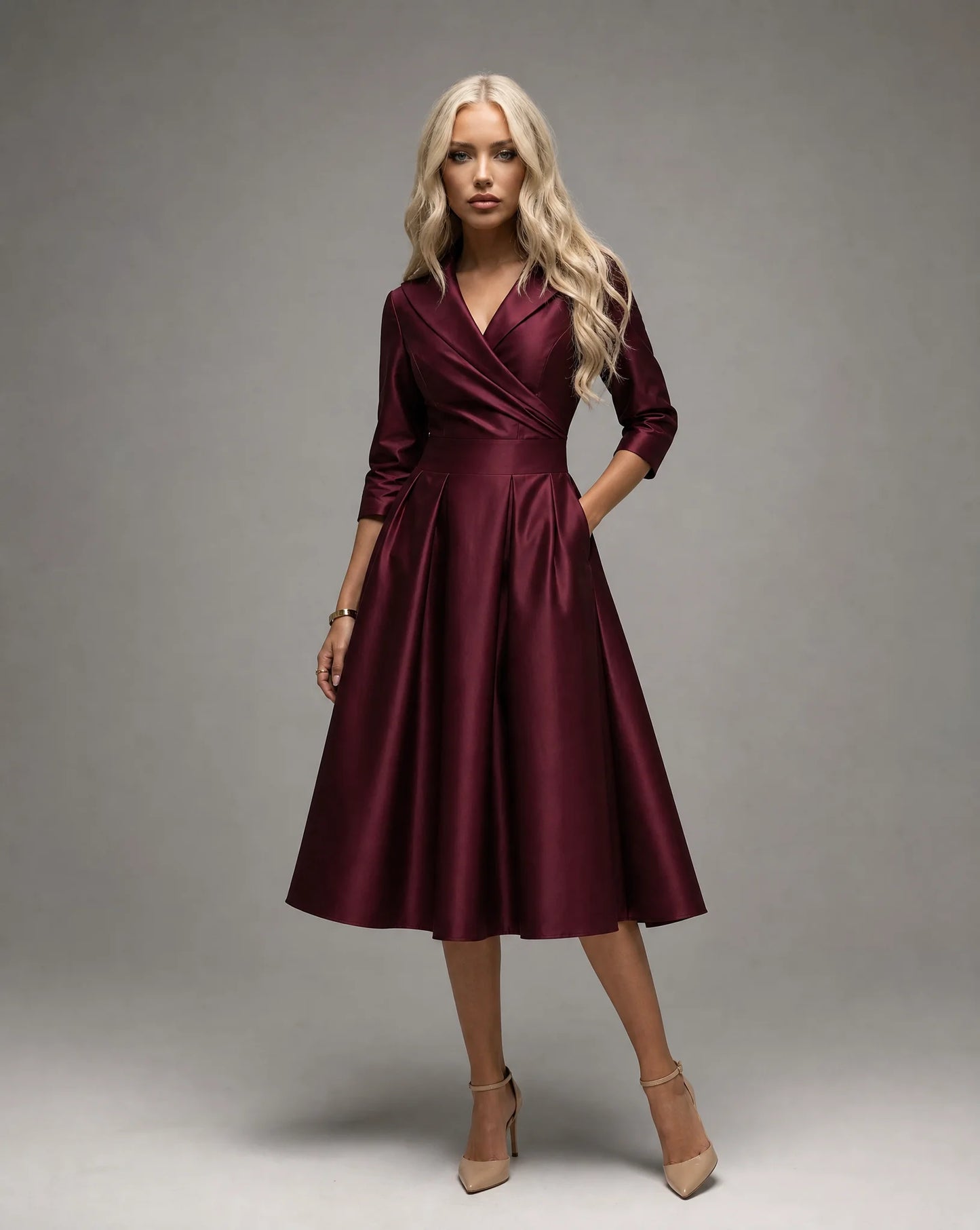 Burgundy satin lapel midi dress for women by Ilynora, front view with refined silhouette and flowing skirt