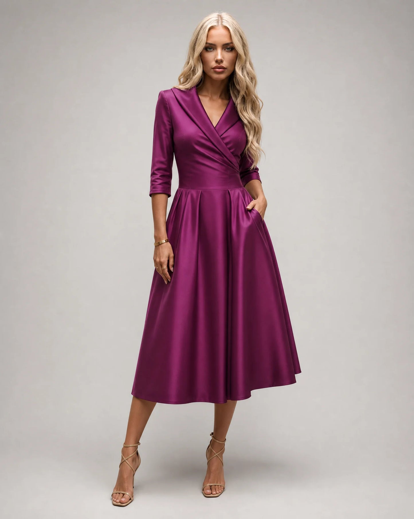 Dark pink satin lapel midi dress for women by Ilynora, front view with elegant drape and timeless appeal