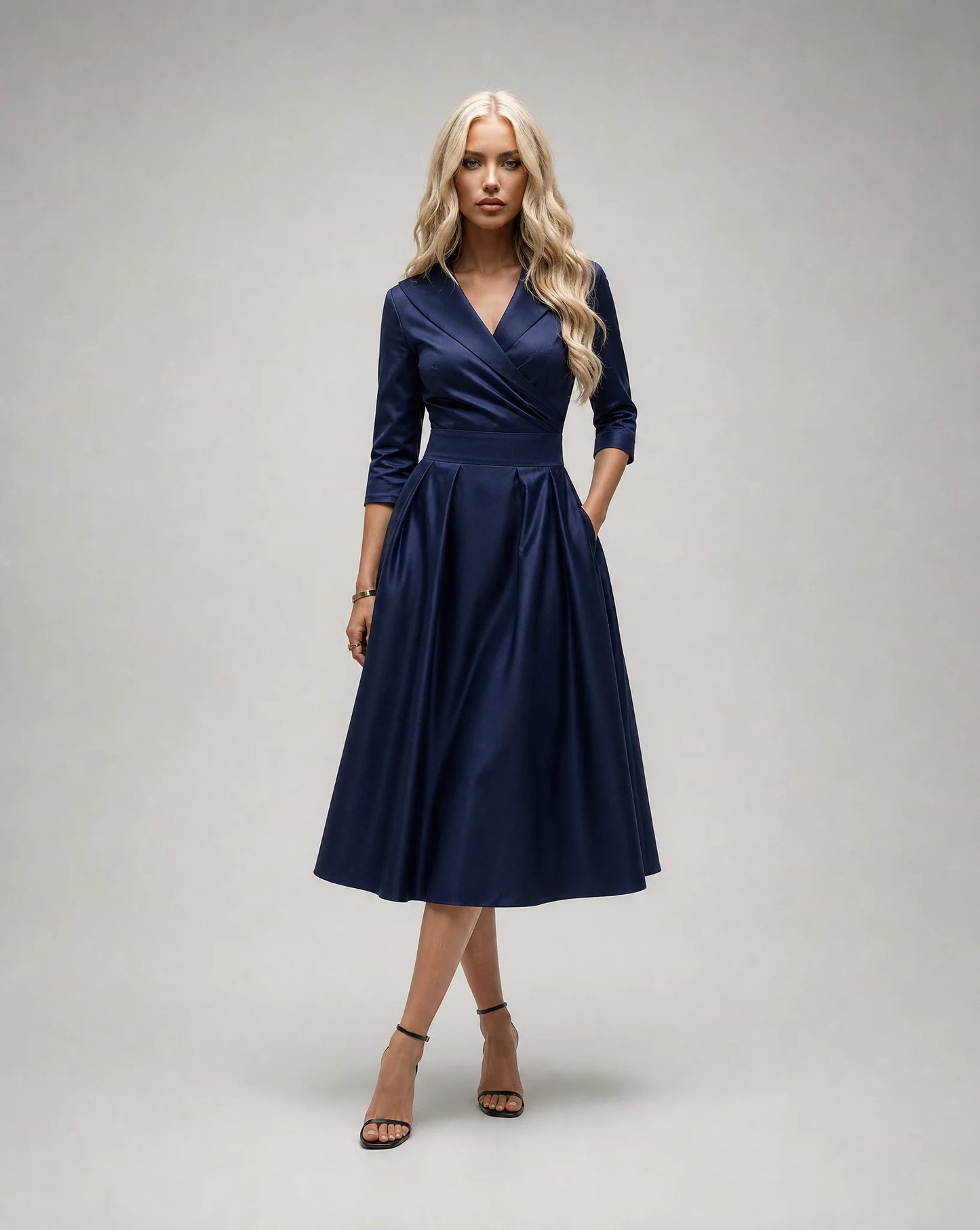 Navy satin lapel midi dress for women by Ilynora, front view with flattering fit and classic design