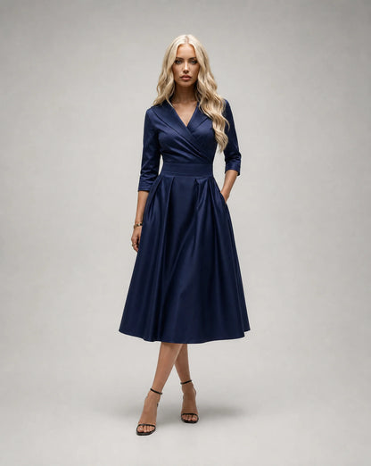 Navy satin lapel midi dress for women by Ilynora, front view with flattering fit and classic design