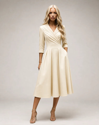 White satin lapel midi dress for women by Ilynora, front view with elegant drape and feminine silhouette