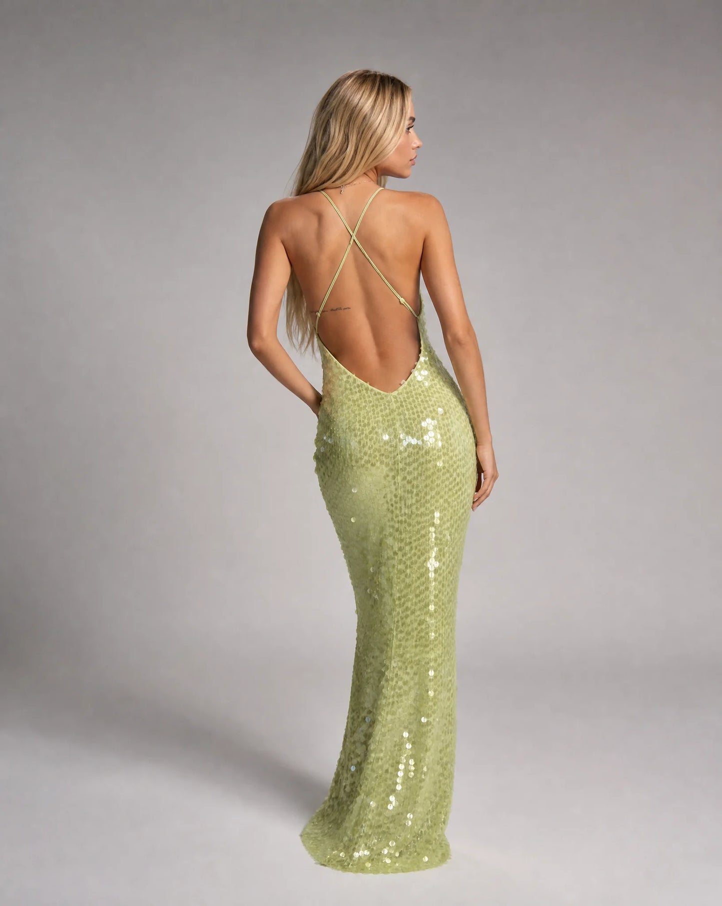 Green sequin backless maxi dress for women by Ilynora, back view showcasing the open back design