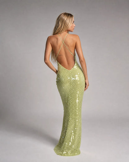 Green sequin backless maxi dress for women by Ilynora, back view showcasing the open back design