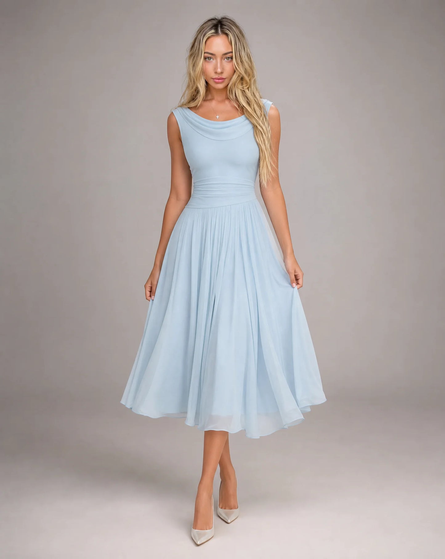 Women's sky blue draped cowl neck pleated midi dress with flowing pleated skirt and refined wedding guest style by ILYNORA