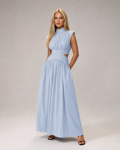 Turquoise sleeveless cut out maxi dress for women by Ilynora, front view with elegant drape and flowing fit