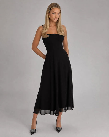 Black square neck midi dress for women by Ilynora, front view with elegant silhouette and flattering fit