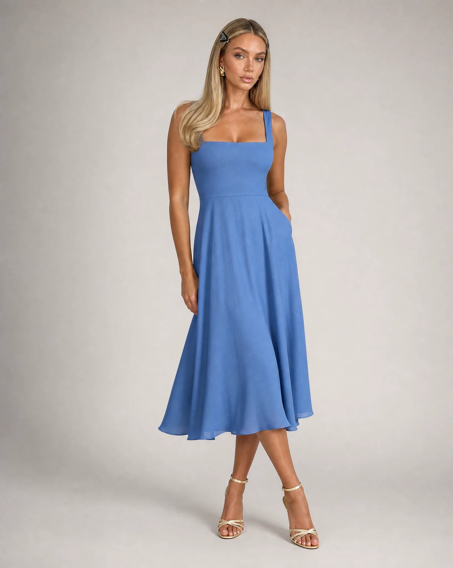 Blue square neck midi dress for women by Ilynora, front view with elegant silhouette and flattering fit