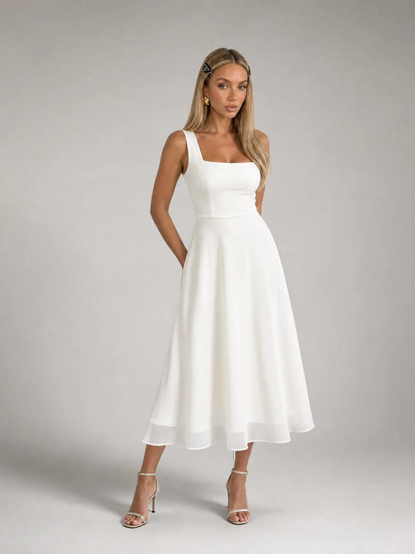 White square neck midi dress for women by Ilynora, front view with elegant silhouette and flattering fit