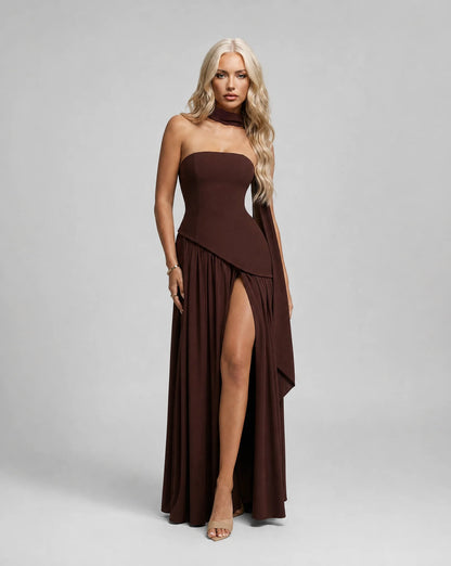 Brown strapless maxi dress for women by Ilynora, front view with scarf detail and thigh high slit