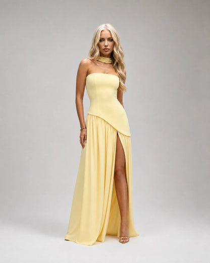 Yellow strapless maxi dress for women by Ilynora, front view with scarf detail and flowing silhouette