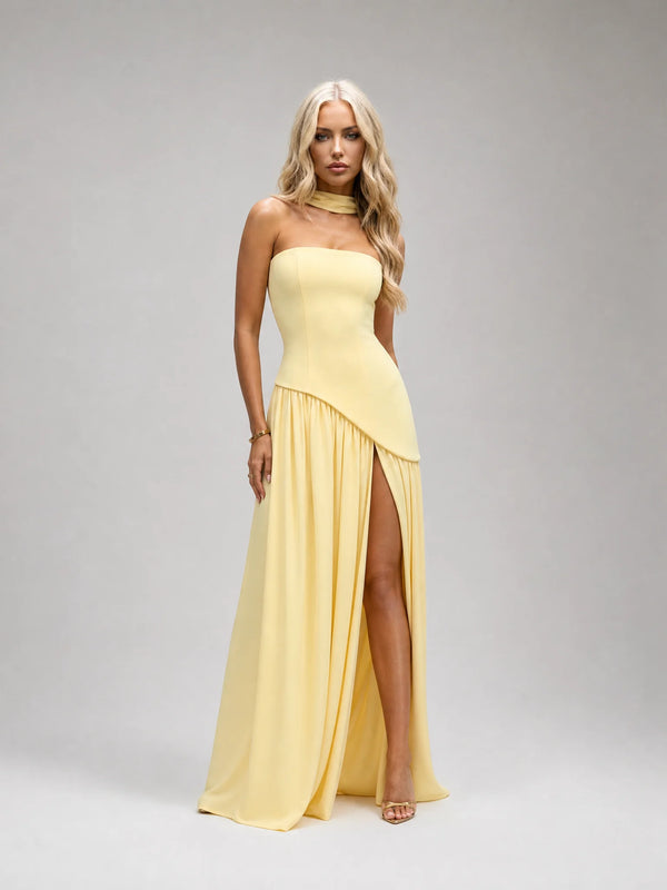 Yellow strapless maxi dress for women by Ilynora, front view with scarf detail and flowing silhouette