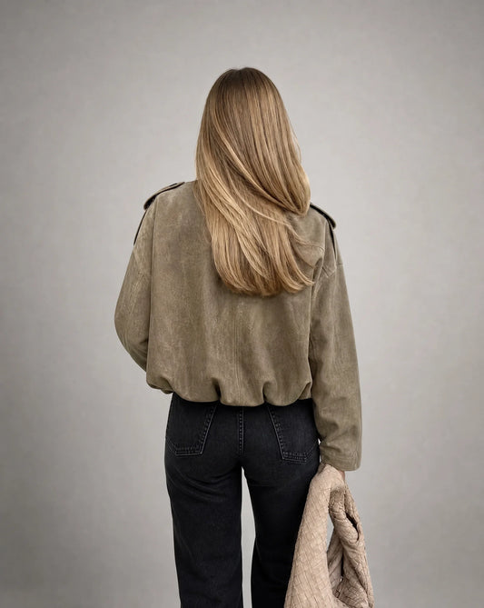 Army green suede bomber jacket for women by Ilynora, back view showcasing the oversized fit and soft texture