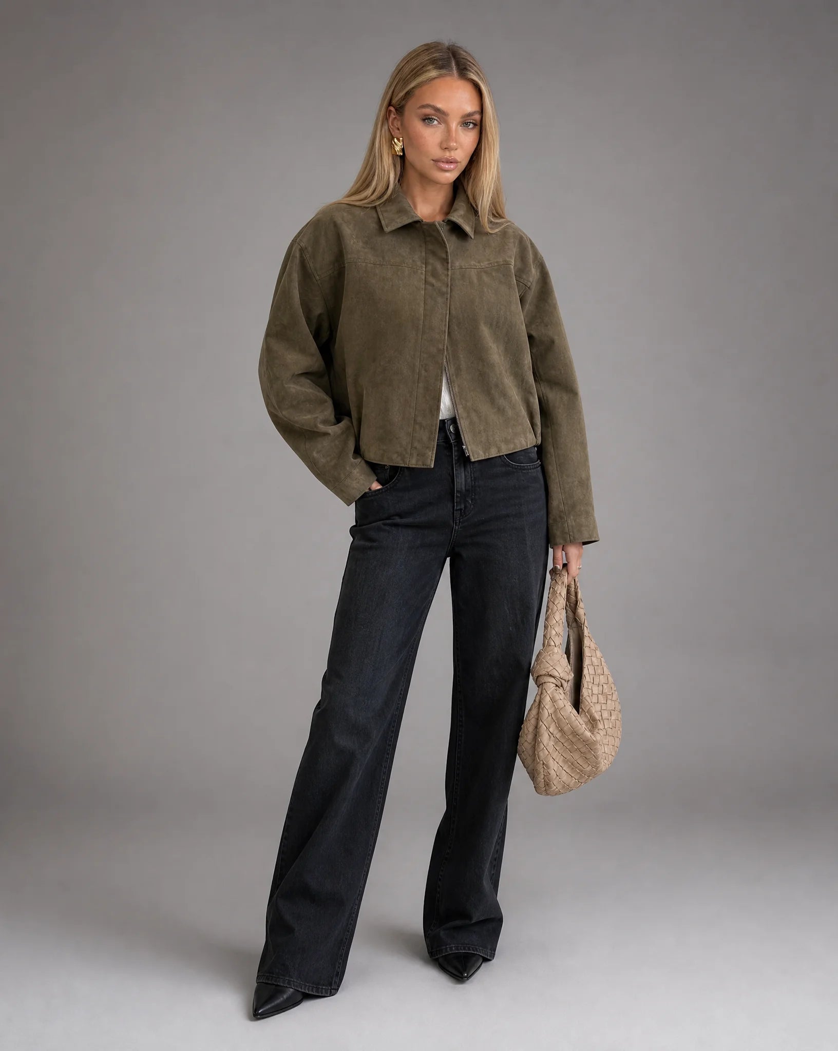 Army green suede bomber jacket for women by Ilynora, full length view with relaxed fit and classic collar