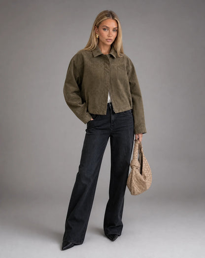 Army green suede bomber jacket for women by Ilynora, full length view with relaxed fit and classic collar