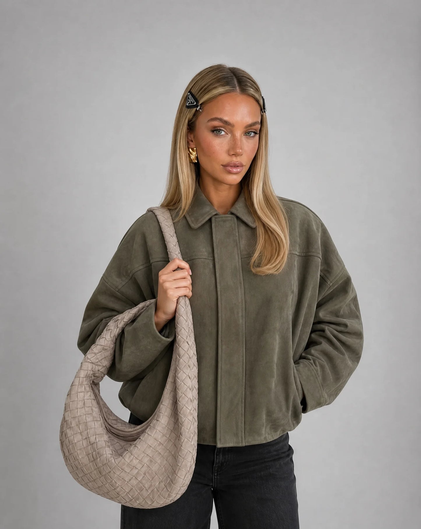 Army green suede bomber jacket for women by Ilynora, front view with oversized fit and relaxed silhouette