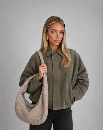 Army green suede bomber jacket for women by Ilynora, front view with oversized fit and relaxed silhouette