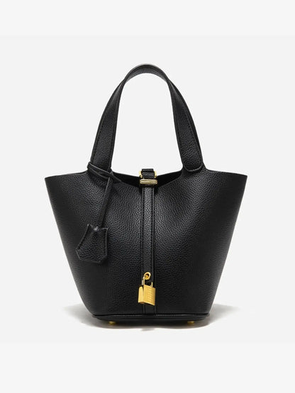 Textured Leather Bucket Bag with Gold Lock