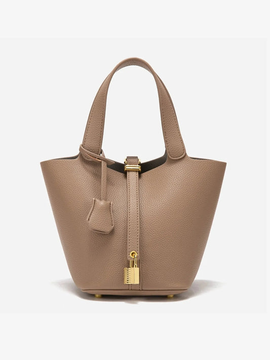 Textured Leather Bucket Bag with Gold Lock