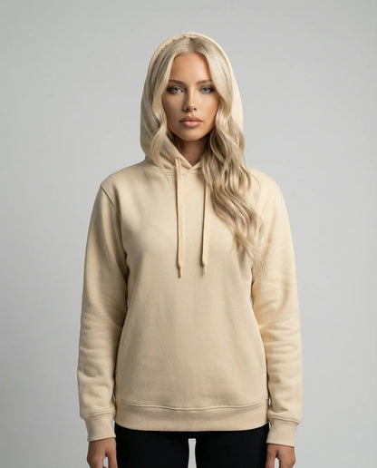 Beige unisex hoodie by Ilynora, front view with clean look and relaxed everyday style