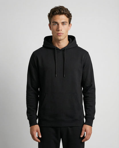 Black unisex hoodie by Ilynora, front view with clean minimal design and regular fit