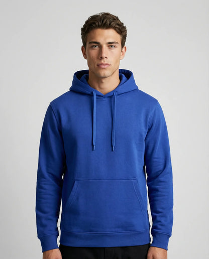 Blue unisex hoodie by Ilynora, front view with minimal design and everyday comfort