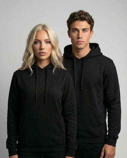 Black unisex hoodie by Ilynora on male and female models, front view with clean minimal design and relaxed fit