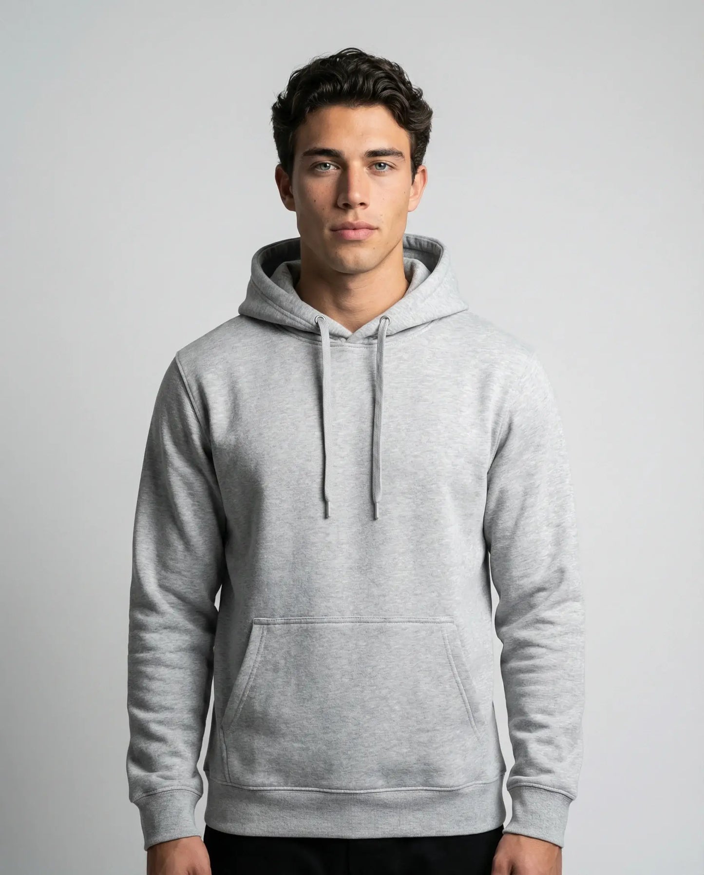 Grey unisex hoodie by Ilynora, front view with minimal design and comfortable fit