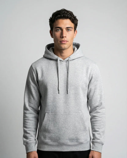 Grey unisex hoodie by Ilynora, front view with minimal design and comfortable fit