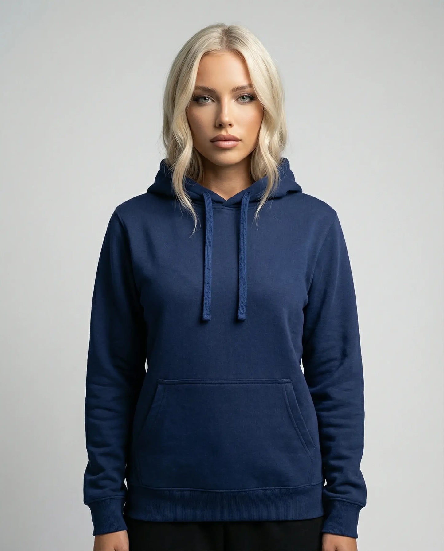 Navy unisex hoodie by Ilynora, front view with classic fit and clean design