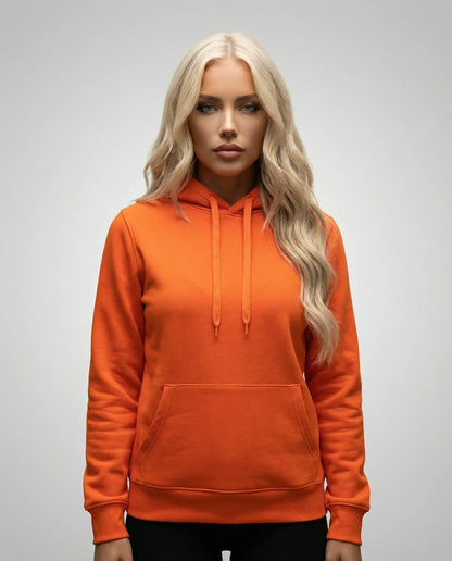 Orange unisex hoodie by Ilynora, front view with bold color and clean silhouette