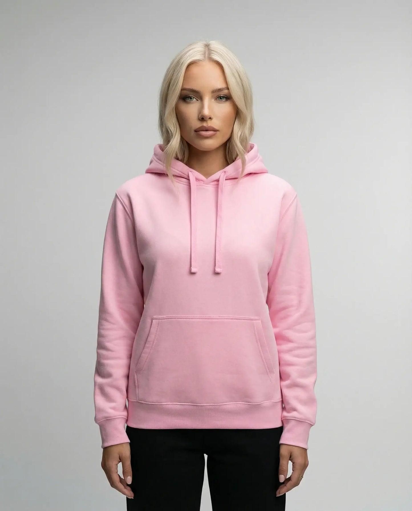 Pink unisex hoodie by Ilynora, front view with soft look and minimal styling