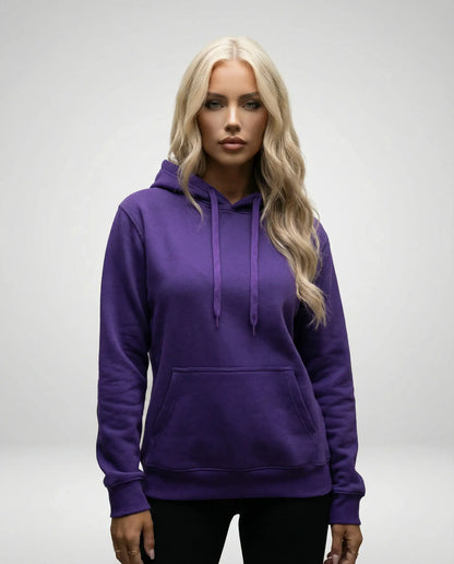 Purple unisex hoodie by Ilynora, front view with relaxed fit and minimal design