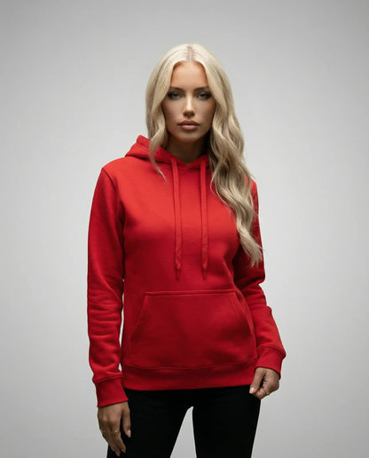 Red unisex hoodie by Ilynora, front view with clean fit and casual style