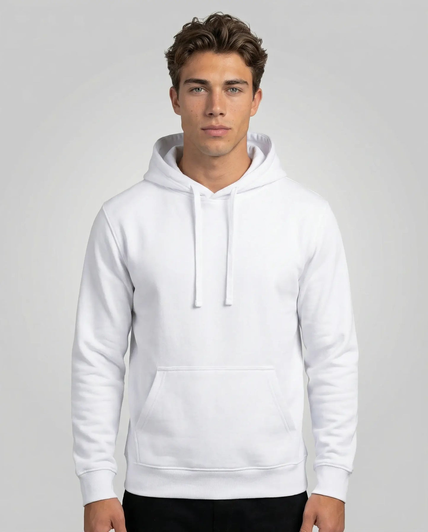 White unisex hoodie by Ilynora, front view with clean silhouette and minimal aesthetic