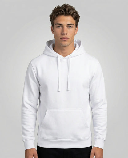 White unisex hoodie by Ilynora, front view with clean silhouette and minimal aesthetic