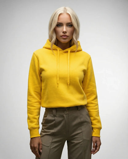 Yellow unisex hoodie by Ilynora, front view with modern minimal design and soft feel