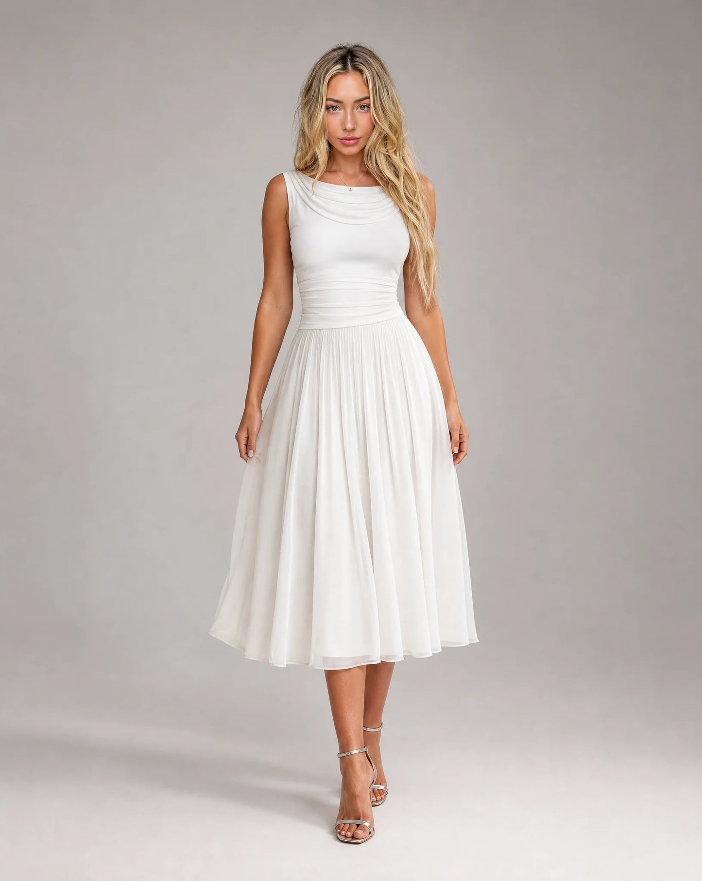 Women's white draped cowl neck pleated midi dress featuring a flowing pleated skirt, flattering silhouette and elegant occasion wear by ILYNORA