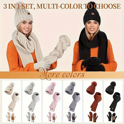 Women's 3-Piece Knit Set Hat, Scarf & Gloves