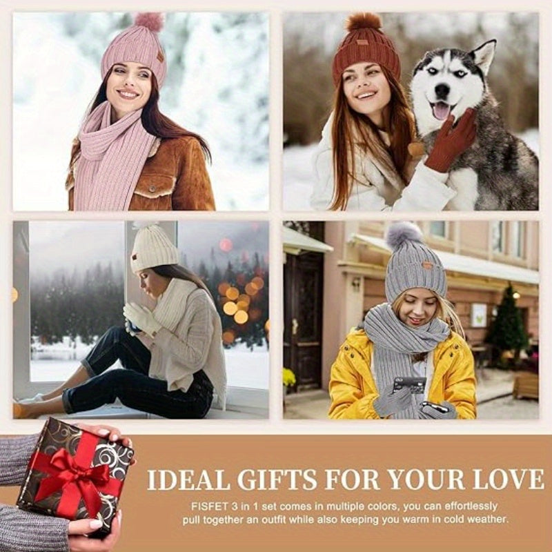Women's 3-Piece Knit Set Hat, Scarf & Gloves