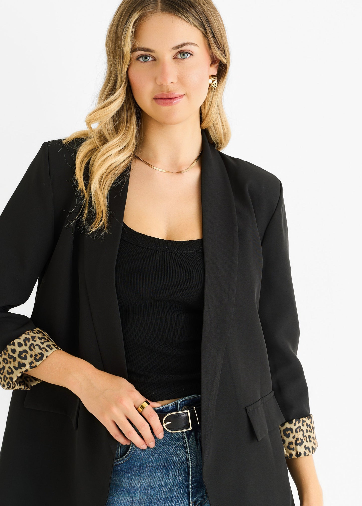 Women's Animal Print Contrast Blazer In Black