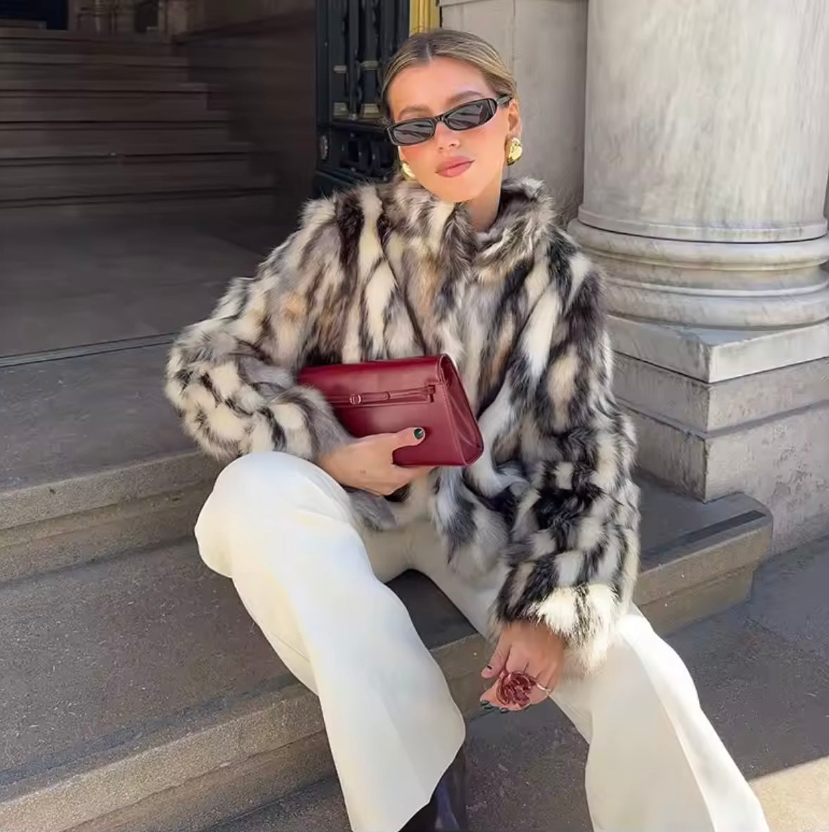 Women's Animal Print High Collar Textured Coat